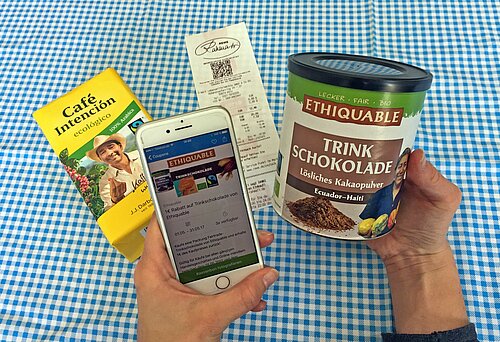 Geöffnete Online-App: Couponi mit den Produkten von Ethiquable und J.J. Darboven 