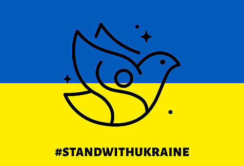 Fairtrade-Mitgliedsorganisationen rufen zu Spenden für die Menschen im Ukraine-Krieg auf. Zu sehen ist das Icon einer Friedenstaube vor blau-gelbem Hintergrund